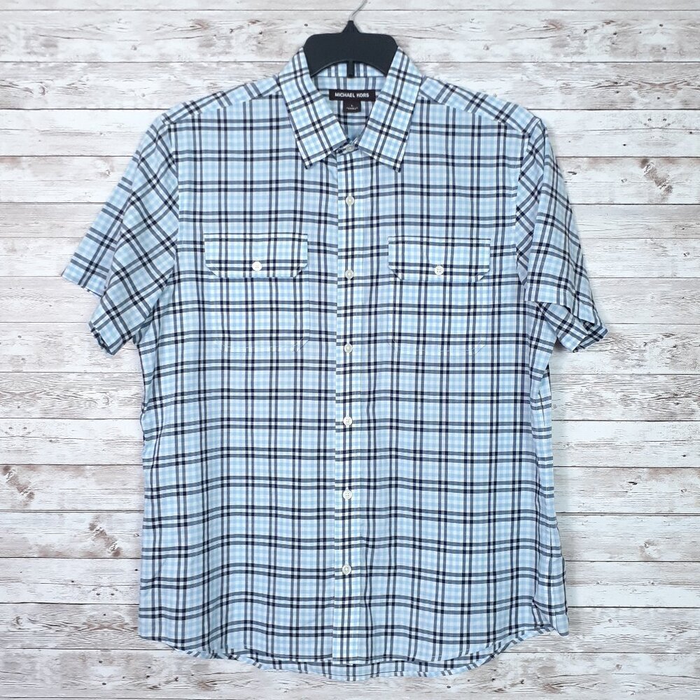 Michael Kors Mens Button Up Shirt L Short Sleeve Blue Plaid 147A